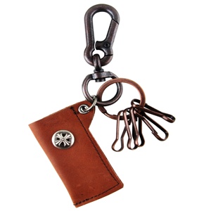 Genuine Leather  Pouch Key Chain - Skull Metal Design - Dark Brown