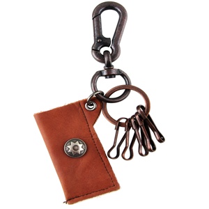 Genuine Leather  Pouch Key Chain - Star Stud - Dark Brown
