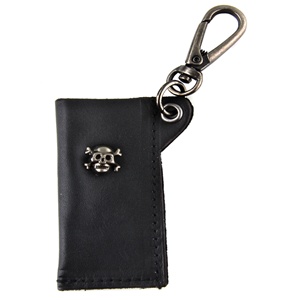 Genuine Leather Key Chain - Skull & Cross Metal Design - Black