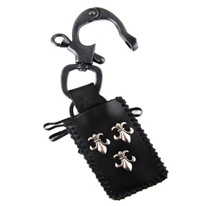 Genuine Leather Lighter Holder and Key Chain - 3 Fleur De Lis Metal Design - Black