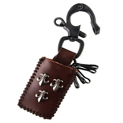 Leather  Knife Holder and Key Chain - Metal Cross Accent - Black