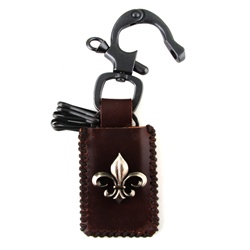 Genuine Leather Lighter Holder and Key Chain - Fleur De Lis Accent - Brown