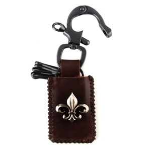 Genuine Leather Lighter Holder and Key Chain - Fleur De Lis Accent - Brown