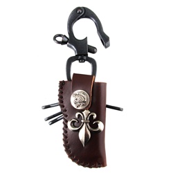Genuine Leather  Knife Holder and Key Chain - Fleur De Lis Accent - Brown