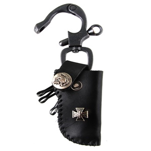 Genuine Leather  Knife Holder and Key Chain - Metal Cross Accent - Black