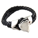 Black Leather Bracelet -  Stainless Steel Shield Design  with Clear Stone