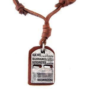 Genuine  Brown Leather Cord Necklace / Leather Choker / Dog Tag Pendant