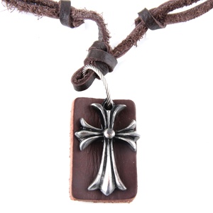 Genuine Dark Brown Leather Cord Necklace / Leather Choker / Leather Necklace With Celtic Cross Pendant and Rectangular Leather Pendant/Dog Tag Pendant