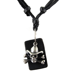 Genuine Black Leather Cord Necklace / Leather Choker / Leather Necklace With Skull and Cross Bones Pendant and Rectangular Leather Pendant/Dog Pendant