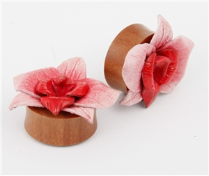 Leather Flower Double Flare Wood  Plug NOG-140