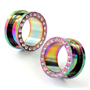 Anodized Screw on Flesh Tunnel Rainbow Gem clear stainless surgical steel body jewelry