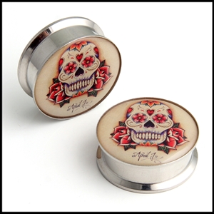 Screw on stash steel plugs gauges with Sugar Skull Day of the Dead logo, available in the following sizes: 00G 0G 1/2" 11/16 13/16 2G 5/8 9/16