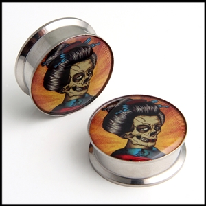 Zombie Geisha Day of the Dead design screw on stash steel ear gauges plugs SP-46-n