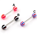 Tongue Ring anodized color stripes acrylic logo barbell 14g bar 6mm ball body jewelry