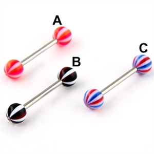 Tongue Ring anodized color stripes acrylic logo barbell 14g bar 6mm ball body jewelry