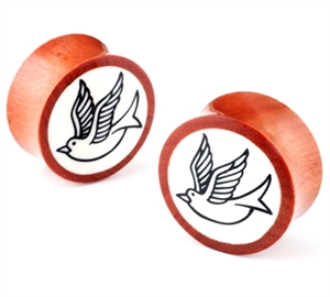 wood sparrow logo bone inlay double flare hand made Ear Plugs Organic Gauges Body Jewelry 00G 0G 1" (INCH) 1/2" 3/4 5/8 7/16" 7/8 9/16