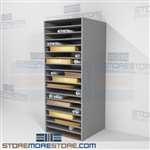Large flat storage shelves for blueprints, posters, drawings, artwork, maps, and flags laid flat. These shelves will store all types of materials
