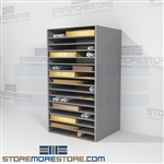 Shelving for solander cases and Hollinger boxes are perfect for historic libraries storing state archives in large metal racks with adjustable shelves