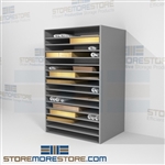 Organize and store newspapers, posters, prints, artwork, paintings, and other large supplies efficiently on steel shelves
