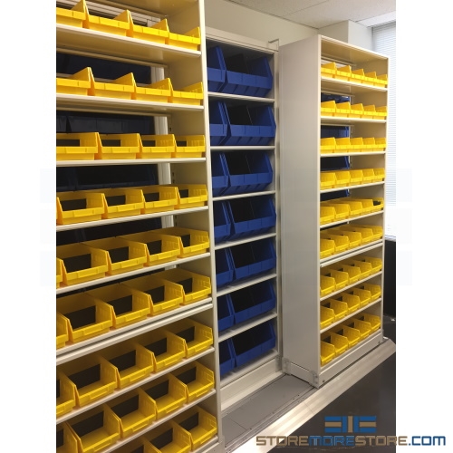 Storing Cardboard Parts Bins  Space Saving Rolling Shelving