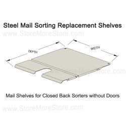 Mayline Kwik-File mailroom parts including letter and legal steel and metal sorter shelves and large envelope and package sorting trays for open and closed back mail cubbies.