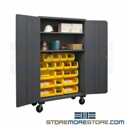 locking bin cabinet on wheels, rolling storage, welded steel, heavy-duty, durham