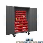 tall bin cabinet on casters, industrial rolling storage shelves, welded cabinet