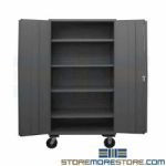 industrial rolling storage cabinet, locking hinged doors, wheeled shelves, durham