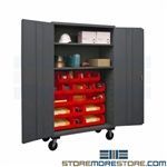 mobile bin cabinet, locks, hinged doors, rolling storage shelf, cabinet, shelves, rack