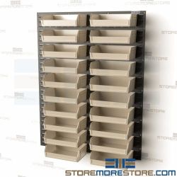 Plastic Bins on Wall Mounted Panels Storing Supplies Organizing Parts Quantum