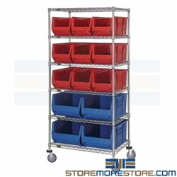 Long Plastic Bin Racks Wheels Wire Shelving Parts Mobile Storage Rolling Qauntum