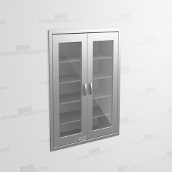 Stainless Lab Supplies Cabinet with Glass Hinged Doors Recessed in Wall, Stainless Steel, Casework, Metal Casework, Hospital, Healthcare, Mortuary, 12 35 70, 11 76 00,Operating Room Equipment, 11 78 00, Healthcare Equipment, 11 70 00