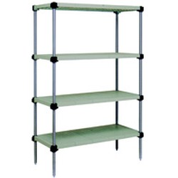 [Discontinued] 18" x 42" Stainless Steel, Lifestor&reg; Polymer Shelving - Starter Unit with 63" High Posts and Four Solid Shelves, #SMS-69-S4-63S-S1842PM