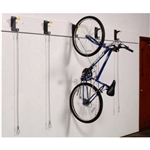 Secure bicycle hanging hooks and brackets with locking cable for storing bikes vertically designed for lost and found rooms, apartments, condos, tenant storage, evidence rooms, universities; organizes bike to save space.