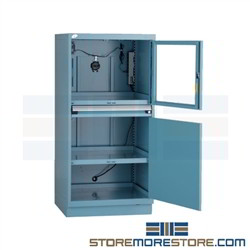Dust resistant locking computer cabinet with an adjustable shelf provides an excellent enclosure that shields monitors and sensitive computer and electronic components from dusty and dirty environments, perfect for auto repair centers and dealerships
