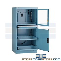 Industrial security computer cabinet that provides a dust free environment for your computers and electronic components, designed to protect your CPU, monitor, printer and sensitive technology from dust, and abrasive dirt found in industrial production