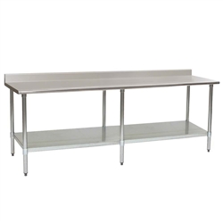 108"W x 24"D 16-gauge/304 Stainless Steel Top Worktable; Backsplash, with 6 Galvanized Legs and Undershelf, #SMS-88-T24108EB-BS
