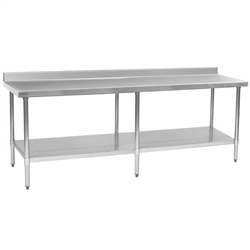 108"W x 24"D 14-gauge/304 Stainless Top Worktable with Backsplash and Marine Edge, 6 Galvanized Legs and Undershelf, #SMS-88-T24108EM-BS