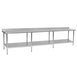132"W x 24"D 16-gauge/304 Stainless Steel Top Worktable; Backsplash, with 8 Galvanized Legs and Undershelf, #SMS-88-T24132EB-BS