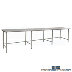 132"W x 30"D 16-gauge/430 Stainless Steel Top Worktable; Flat Top, with 8 Galvanized Tubular Legs, #SMS-88-T30132GTB