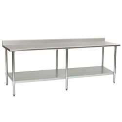 108"W x 36"D 16-gauge/430 Stainless Steel Top Worktable; Backsplash, with 6 Galvanized Legs and Undershelf, #SMS-88-T36108B-BS