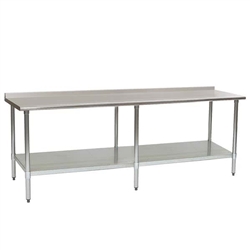 120"W x 24"D 16-gauge/304 Stainless Steel Top Worktable; Rear Upturn, with 6 Galvanized Legs and Adjustable Undershelf, #SMS-88-UT24120EB