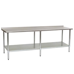 108"W x 30"D 14-gauge/304 Stainless Steel Top Worktable; Rear Upturn, with 6 Galvanized Legs and Adjustable Undershelf, #SMS-88-UT30108E