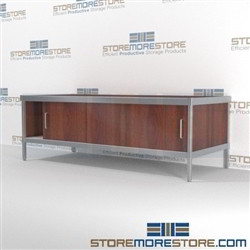 Mail center equipment consoles with lower doors are a perfect solution for literature processing center built strong for a long durable work life and is modern and stylish design skirts on 3 sides Back to back mail sorting station Communications Furniture