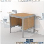Sorting workstation with half shelf is a perfect solution for incoming mail center mail table weight capacity of 1200 lbs. and lots of accessories skirts on 3 sides Over 1200 Mail tables available Let StoreMoreStore help you design your perfect mailroom