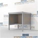 Mail room work table distribution with half storage shelf is a perfect solution for literature processing center long durable life with an innovative clean design built using sustainable materials In Line Workstations Easily store sorting tubs underneath