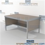 Mail flow workstation with half storage shelf is a perfect solution for document processing center and variety of handles available skirts on 3 sides Start small with expandable mail room furniture, expand as business grows Perfect for storing mail tubs