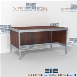Mail room workbench with half storage shelf is a perfect solution for literature processing center and comes in wide selection of finishes ergonomic design for comfort and efficiency L Shaped Mail Workstation Perfect for storing mail scales and supplies