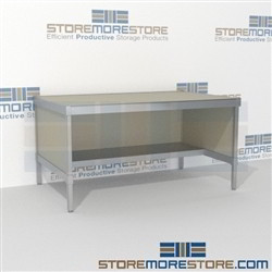 Mail room workstation with half shelf is a perfect solution for literature fulfillment center long durable life and comes in wide range of colors skirts on 3 sides 3 mail table depths available Let StoreMoreStore help you design your perfect mailroom
