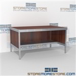 Mail mobile desk with lower half storage shelf is a perfect solution for document processing center mail table weight capacity of 1200 lbs. and variety of handles available includes a 3 sided skirt Over 1200 Mail tables available Communications Furniture